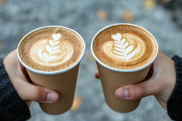 Clinking takeaway coffee cups from birdâ€™s eye view, friendship theme