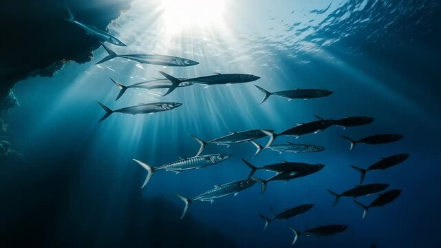 Barracuda Group in Motion Underwater in Deep Ocean