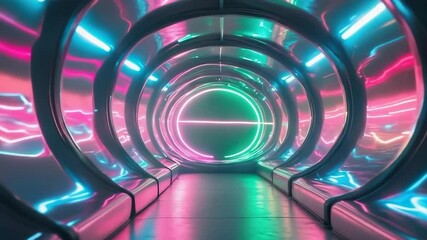 Playback starting camera capturing concentric hoop tunnel in metal corridor, reflecting neon colors - Powered by Adobe