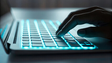 Glowing keyboard hand typing technology closeup blue light modern digital. AI support for remote teams with customer service