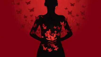 Silhouette of woman surrounded by vibrant red colors and fluttering butterflies. Transformation, rebirth. Fall in love symbol, freedom. Fly in stomach, passion concept. Deep feelings, emotional person
