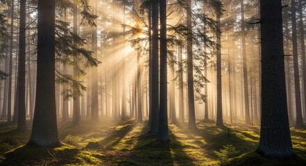 Sunlight streaming through tall trees in a misty forest creating a serene and ethereal atmosphere view