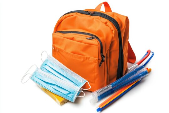 Bright orange backpack with school supplies and masks