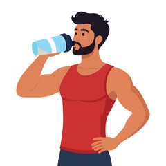 Man character drinking protein shake after gym. Fitness and sport vector illustration.