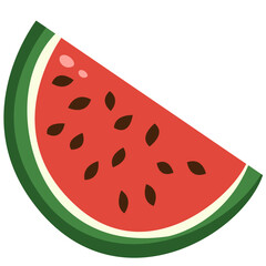 Juicy red watermelon slice illustration with seeds and green rind. Perfect for tropical, summer, fresh, and healthy food themed designs.

