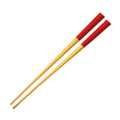 A pair of wooden chopsticks with red tips, crossed diagonally against a light gray background in a minimalist style.