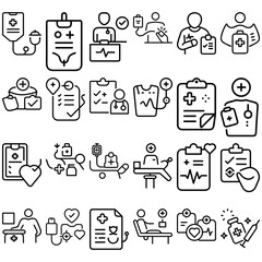 Collection of medical icons representing healthcare services and medical professionals in line art style