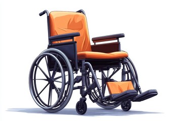 Fototapeta premium Wheelchair with orange seat placed on a plain background showcasing accessibility and mobility options for all individuals