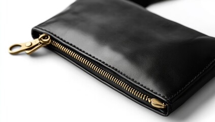 Close-up of a black leather crossbody bag.  Gold zipper accents