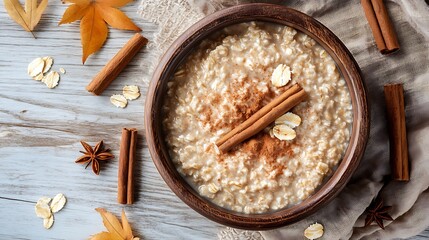 Oatmeal porridge with powdered cinnamon and cinnamon sticks