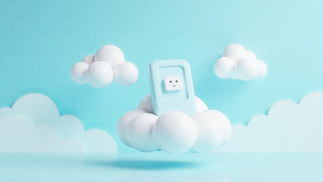 Cute Phone Character On Fluffy Clouds