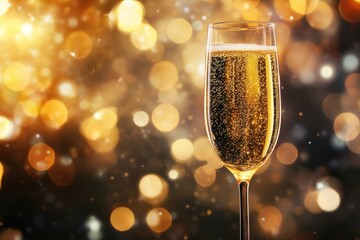 Champagne glass catching golden sparkles, festive bokeh in background