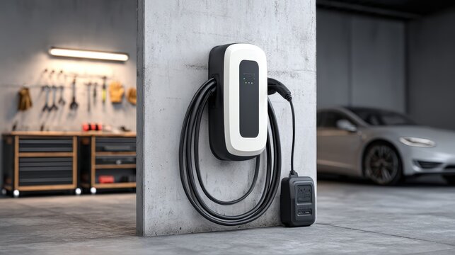 Electric Vehicle Charger Wall Mounted In Garage