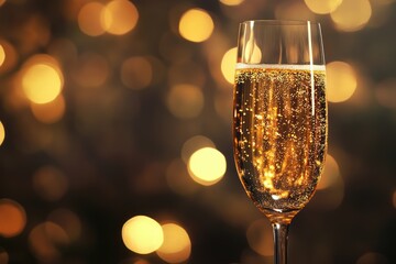 Champagne glass catching golden sparkles, festive bokeh in background