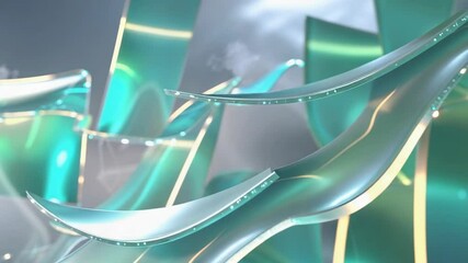 Rotating teal ribbons on gold rods in 3D space triggered by startup, with glowing mist particles - Powered by Adobe