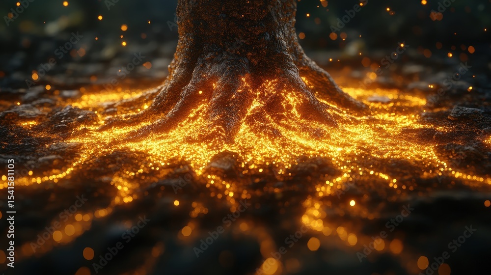 Poster Mystical Tree Roots with Glowing Sparkles in the Forest