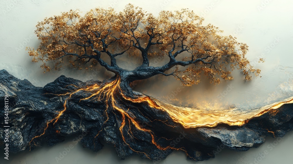 Poster fantasy tree with golden leaves and roots above lava flow