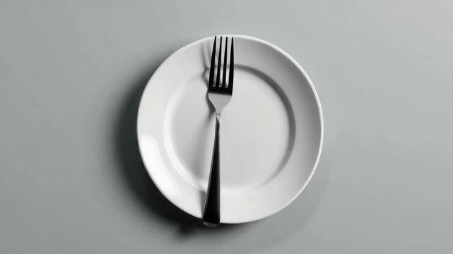 A single metal fork rests diagonally on a clean, empty white plate with a soft gray background.