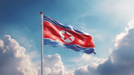 North Korean flag waves against bright sky. Bold red, blue, white colors symbolize nation's ideals and identity. Star represents struggle for independence. National pride and sovereignty.