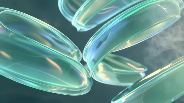 Upon animation starting, glass-like oval capsules pulsing and rotating in teal space, vapor weaving