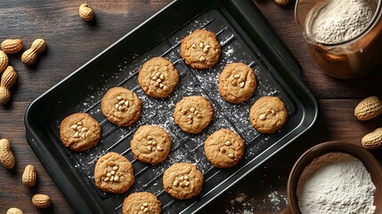 Old baking tray with homemade peanut cookies