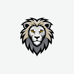 Stylized vector lion head in bold black, white, and gray tones. Features piercing yellow eyes, clean lines, and symmetrical design. A modern, powerful graphic symbol of strength.