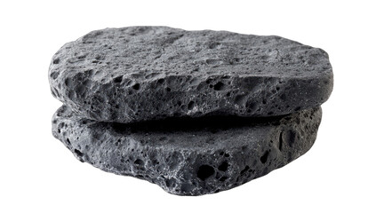 Two dark gray, textured, layered, rock-like discs