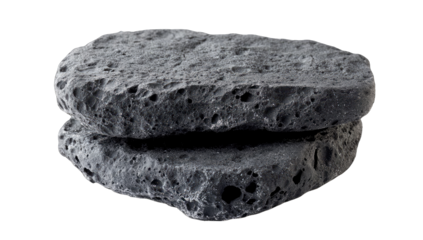 Two dark gray, textured, layered, rock-like discs