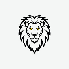 Stylized vector lion head in bold black, white, and gray tones. Features piercing yellow eyes, clean lines, and symmetrical design. A modern, powerful graphic symbol of strength.