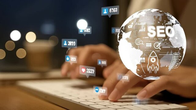 Hands Typing on Keyboard with SEO Icons and Social Media Engagement Metrics at Night