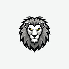 Stylized vector lion head in bold black, white, and gray tones. Features piercing yellow eyes, clean lines, and symmetrical design. A modern, powerful graphic symbol of strength.