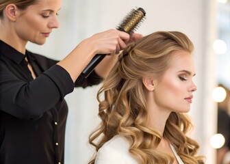 Fototapeta premium Hair styling techniques for luscious locks salon environment photography close-up beauty trends