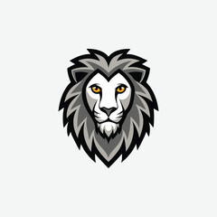 Stylized vector lion head in bold black, white, and gray tones. Features piercing yellow eyes, clean lines, and symmetrical design. A modern, powerful graphic symbol of strength.