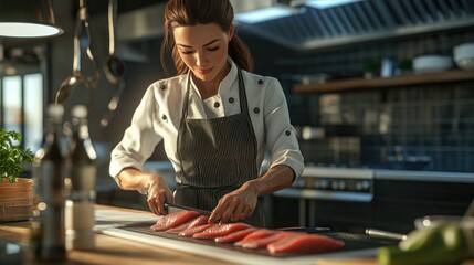 3d render Professional Chef Preparing Delicious Fish Fillet in Modern Kitchen AI generative