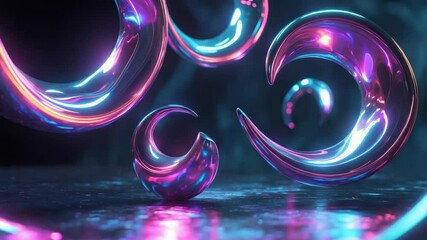 Floating metallic shapes rotating, spinning, oscillating above wet floor with neon lights pulsing - Powered by Adobe