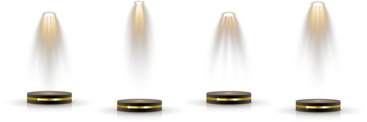 Transparent background holds layered 3D podium base. Spotlight grid shines from hidden ceiling mount. Soft lighting simulates theater-style illumination zone. Reflections create elegant studio