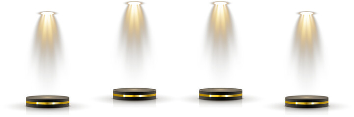 Realistic spotlight reflects on polished floor surface. Blue projector shines across abstract dark  background. 3D podium center glows under soft light rays. Cylindrical stage platform highlights 