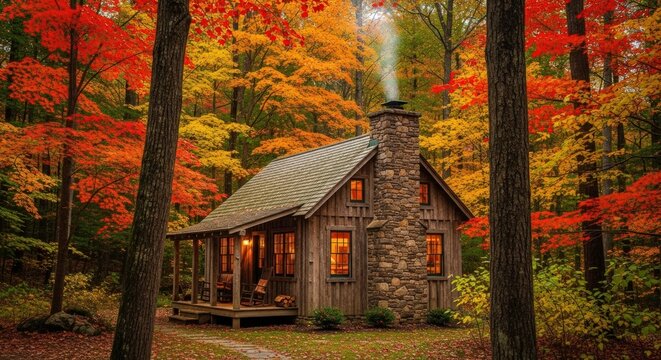 A cozy cabin nestled amongst vibrant autumn foliage with smoke rising from the chimney in the woods - Powered by Adobe