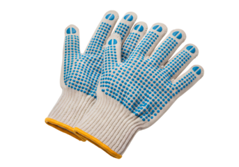 Closeup of a Pair of Work Gloves with Blue Dotted Grip Pattern isolated on transparent baackground