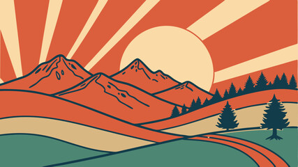 Sunset over the mountain landscape. Vector illustration in retro style.