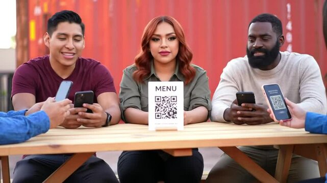 Friends Scanning QR Code Menu at Outdoor Table