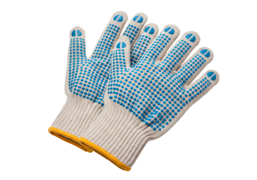 Closeup of a Pair of Work Gloves with Blue Dotted Grip Pattern isolated on transparent baackground