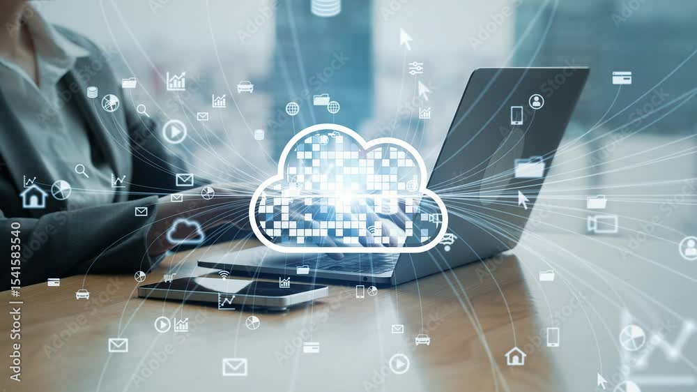Poster Cloud computing concept with group of engineers using laptop