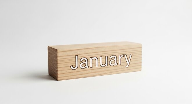 A wooden block displaying the word january against a plain white background in a studio setting