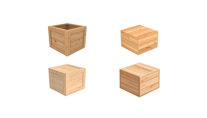 Fototapeta premium Brown wooden toy blocks in an open cardboard box are stacked on a white background