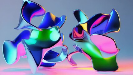 Rotating after animation start, two metal abstract sculptures revealing rainbow facets in studio - Powered by Adobe