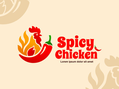 Spicy chicken logo has a simple traditional feel with images of chicken, fire and large cayenne peppers
