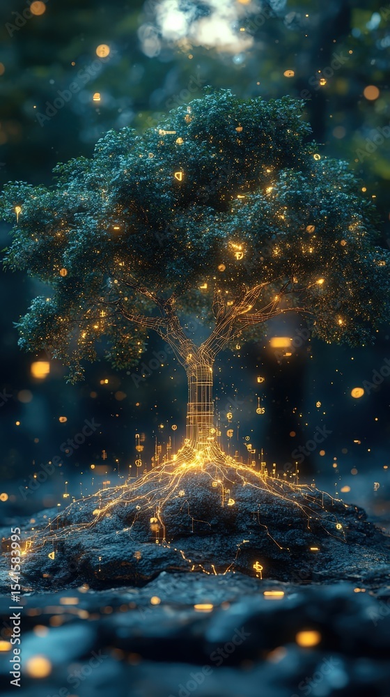 Poster glowing digital tree of knowledge: technology and nature fusion