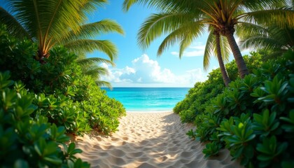 Tropical beach pathway leading through vibrant greenery and palm trees toward a turquoise ocean under a bright sky. Perfect for travel agencies, vacation ads, and summer destination content.