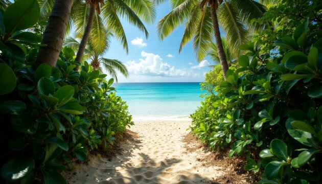 Tropical beach pathway leading through vibrant greenery and palm trees toward a turquoise ocean under a bright sky. Perfect for travel agencies, vacation ads, and summer destination content.